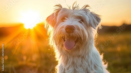  A tight shot of a dog in a field, sun behind, grass in foreground - tongued out