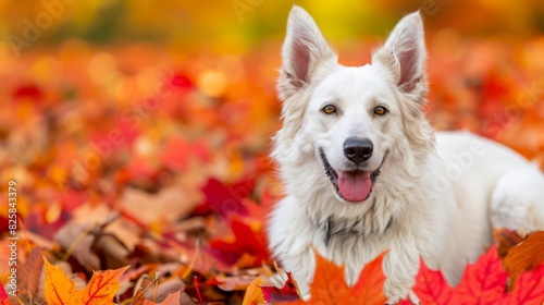  A close-up of a dog lying in a field of leaves with its mouth open and tongue hanging out