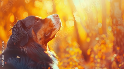  A tight shot of a dog gazing at the sky amidst a lush green field dotted with tall grasses and trees Sunlight filters through the foliage above, casting d