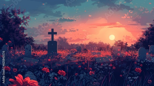 Graveyard at sunset with wildflowers and crosses honoring fallen soldiers on Memorial Day