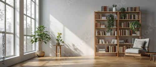 White wall mockup in a minimalist living room with wooden floors, Scandinavian decor, bookshelf, armchair, and window