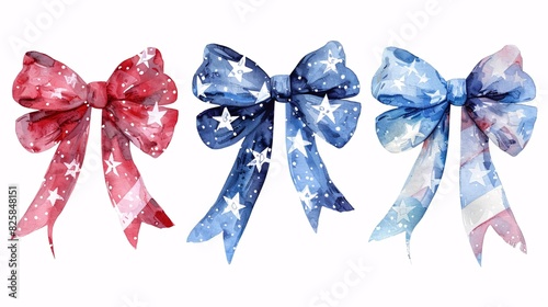 Festive Independence Day ribbon bows with watercolor stars and stripes artwork.
