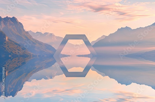 Serene landscape with calm water reflecting mountains and an octagonal frame, creating a surreal and peaceful scene at sunrise.