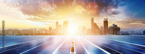 Solar panels in a city skyline with a bright horizon with sunlight illuminating the background