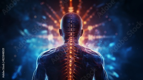 Spinal health visualization. Man experiencing back pain with glowing depiction of spine