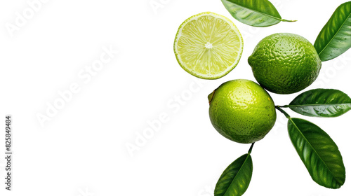 Several vibrant green limes with leaves resting on a clean white surface