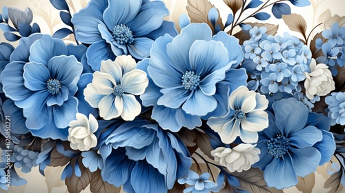 A blue flower background with a mix of hand-painted and digitally rendered floral elements, providing a rich and textured visual for artistic designs.