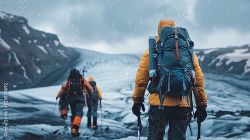 Explorers trekking on a glacier in Iceland, equipped with safety gear such as harnesses, ice picks, spikes and headgear.