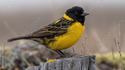  A yellow-and-black bird sits atop a weathered wooden perch against a backdrop of grass, dirt, and a gray sky
