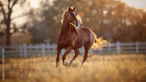 Magnificent chestnut equine galloping freely solo