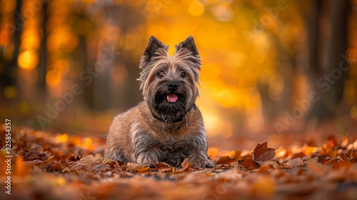 A small brown dog rests atop a mound of orange and yellow leaves in a forest, surrounded by vibrant autumn foliage Behind it, a bright yellow light glows in