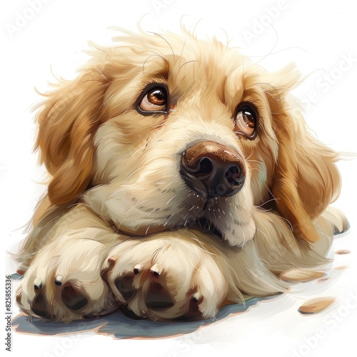An endearing 2D clipart of a dog lying down with its head resting on its paws, eyes gazing up cutely. The dog has a soft, fluffy coat, floppy ears, and a gentle smile. The white background emphasizes