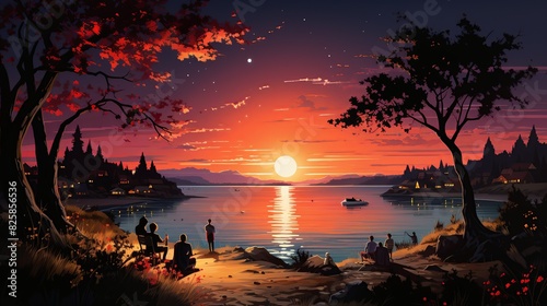An illustration of a summer party at the beach with friends gathered around a bonfire, roasting marshmallows, and sharing stories as the sun sets in the background.