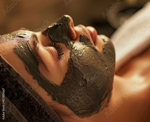 Woman receiving a facial treatment with a mud mask, eyes closed, relaxed in a spa setting.