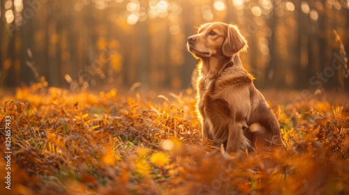  A dog sits in a field of grass, sunlight warming its back Its head is turned to the side, gazing upward