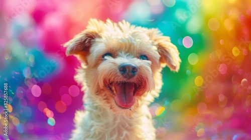  A tiny white dog with an open mouth and tongues-out in front of a multicolored backdrop of blurred, vibrant lights