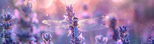 A delicate dragonfly rests on vibrant lavender flowers under soft pink sunlight, creating a dreamy and enchanting scene.