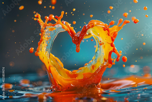 Design a piece where a vibrant paint splash turns into the shape of a heart, with drops adding texture and depth to the form