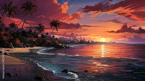 A dramatic beach sunset background with the sky ablaze in shades of orange and pink, the sun setting behind a silhouette of palm trees, and the ocean glowing.