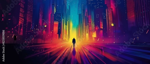 A vibrant vector cityscape with abstract light effects, with a lone figure standing in the middle of the street, paralyzed with fear as shadowy figures close in,