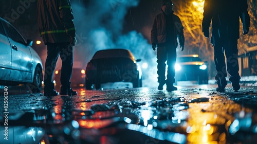 A forensic team of detectives and experts examining a crime scene, employing forensic meteorology, and analyzing weather data in a suspicious accident investigation