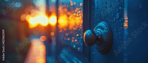 Close-up of a wet door handle with a picturesque sunset in the background, creating a warm and inviting atmosphere.