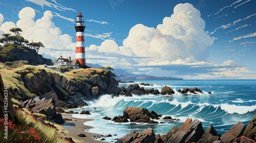 A beach backdrop with a scenic view of a lighthouse on a rocky outcrop, waves crashing against the shore, and a bright blue sky, capturing the charm of a coastal landscape.