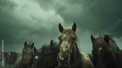 A group of horses huddle together in the face of a powerful storm their strength and resilience evident in their unwavering stance.