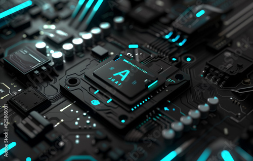 3D render of an abstract black and blue chip with text, on top is written in turquoise letters 'AI', background is dark gray, there are some techy elements around it, highly detailed, high resolution,