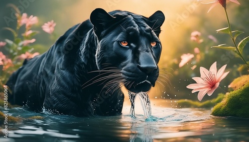 A panther in the water with flowers 