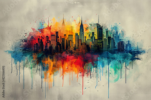 Generate an artwork where a paint splash transforms into the shape of a city skyline, with paint drops forming the outlines of buildings and windows