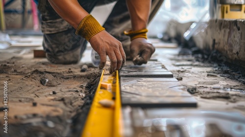 A skilled worker is using a level to ensure the tiles are perfectly aligned and even.