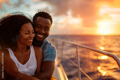 A couple is hugging on a boat in the ocean at sunset