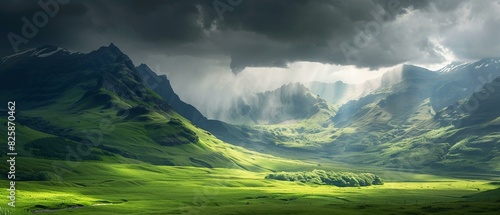 Dramatic stormy sky green valleys picture