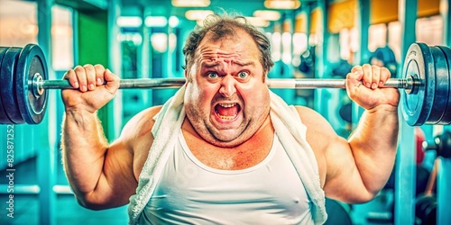 overweight man training hard dumbbell exercises weights bar lifting sweating distorted face