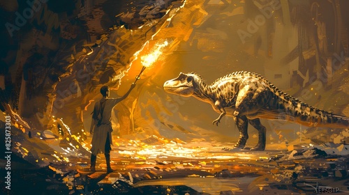 An explorer holding a torch encounters a dinosaur in a glowing cave, blending adventure with prehistoric wonder.