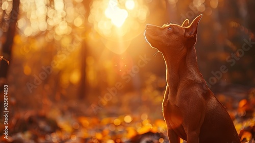  A dog gazes up at the sky in a forest Sunlight filters through leaves above, casting dappled patterns on the ground where they lie thickly The sun shines brightly