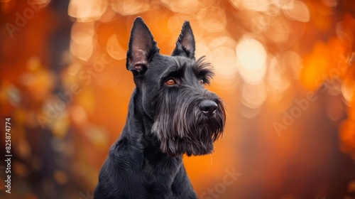  A tight shot of a dog's expressive face against a backdrop of out-of-focus trees and leaves The scene is bathed in warm hues from orange and yellow lights