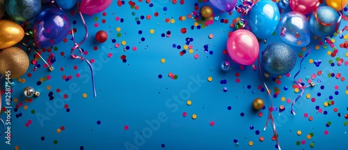 Colorful balloons and confetti on vibrant blue background, perfect for celebration, party, or festive occasion themed designs.