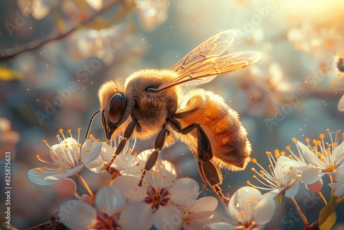 Close-up of a vibrant honeybee collecting nectar from delicate white blossoms in a sunlit spring garden, highlighting nature's beauty and pollination.