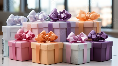 A minimalist mock-up of colorful gift boxes with ribbons and bows, presented on a white background, suitable for holiday promotions, birthdays, and special occasions.