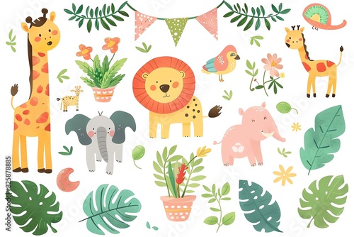 Fun and whimsical safari baby shower elements with cartoon animals, tropical plants, and themed party supplies