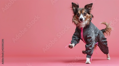 Dog Dressed in Sports Clothes Energetically Running on a Solid Magenta Background
