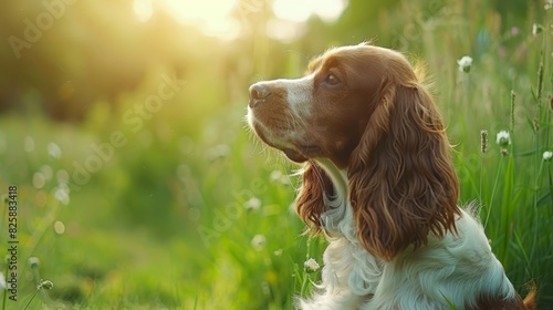  A brown-and-white dog sits atop a lush, green field Nearby, another field teems with tall grass; a dog, white and brown, rests there as