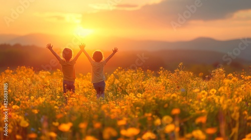 Two children joyfully raise their arms amidst a golden field of flowers at sunset, celebrating the beauty of nature and the freedom of childhood.