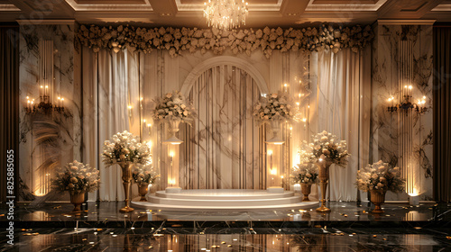 Photo realistic Wedding reception decor concept High resolution image of beautifully arranged wedding reception decor with glossy backdrop, highlighting elegance and style of the