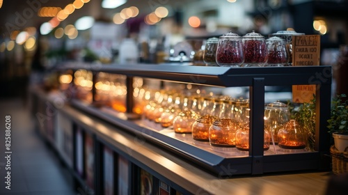 A point-of-sale (POS) shelf displaying products against a retail background with blurred bokeh lights, creating a captivating atmosphere that highlights the items for sale.