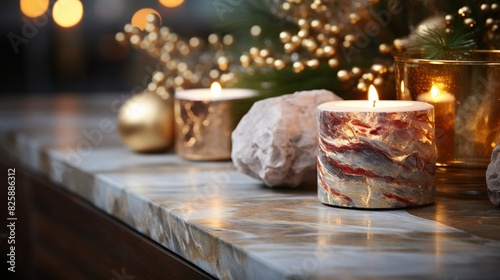 A retail background with bokeh lights, providing a soft and inviting ambiance for showcasing products on a table with a stone or concrete top, enhancing the visual appeal of the merchandise.