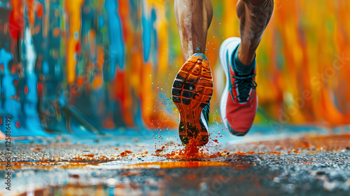 a professional marathon runner's feet pounding the pavement while running on a track