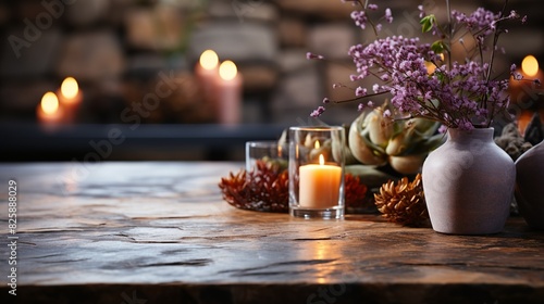 A retail background with bokeh lights adding a soft glow to a table with a stone or concrete top, providing an inviting setting to showcase products in a stylish environment.